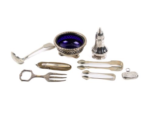 A small group of silver and silver plated items. Including a Georgian silver sugar sifter, a silver double sovereign case, si
