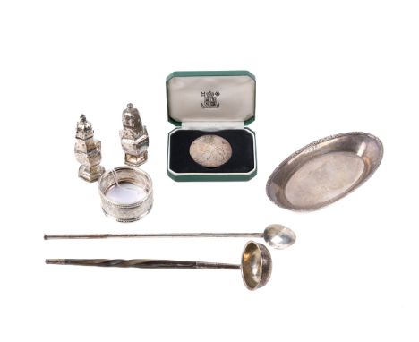 A small group of Victorian and later silver table items. Including a toddy ladle with a twisted wood handle, stirrer, small o