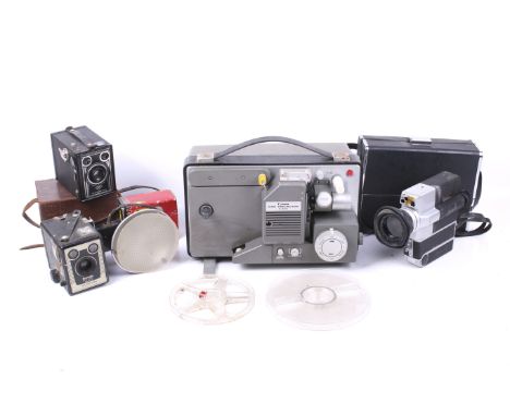 A collection of vintage cameras and accessories in a brown leather bag. Including an Agfa Synchro box, a Canon Cine Projector
