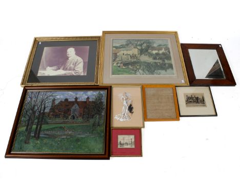 An assortment of pictures and prints. Including a Victorian sampler, 29cm x 25cm, a painting of a bride, 37.5cm x 24cm, etc. 