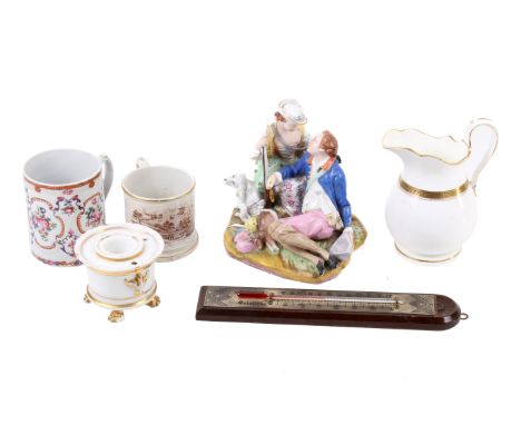 A collection of 19th century porcelains and a thermometer. Including a continental figure group and two mugs one transfer pri