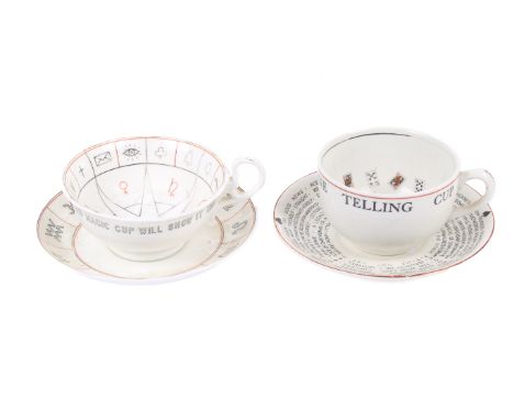 Two 'fortune telling' teacups and saucers. Including a 'Nelros' and a 'Gypsy Teresa's'. H6cm