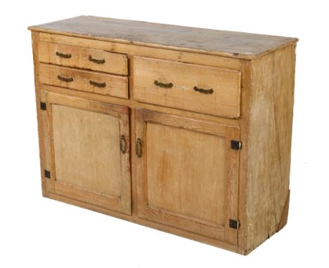 A rustic vintage pine sideboard cupboard. Having three drawers over a two door cupboard opening to reveal a fixed shelf. H91c