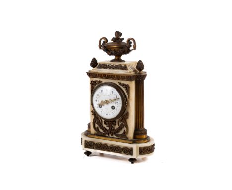 A French marble and ormolu mantel clock. White enamel dial 'Thomas, Paris' swags of flowers Arabic numerals gilt hands flanke