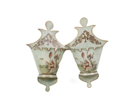 A pair of Italian tole planter style wall lights. Depicting Chinese musicians with gilt decoration. H56cm
