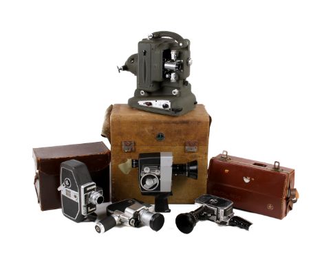 A collection of assorted cine film cameras and a projector. Three original carry cases, etc. Max. H34cm