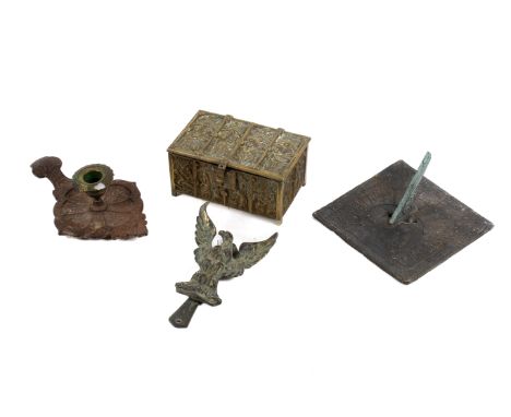 A group of four assorted metal items. Including a sundial, brass casket, etc. Max. H8cm