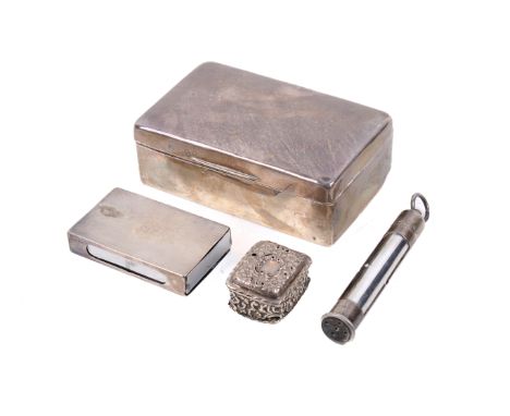 Four silver hallmarked and white metal items. Including a silver pill box with pierced lid and repousse decoration, a silver 