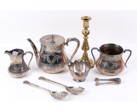 An EPNS tea set and other metalware items. Including a brass candlestick, spoons, etc. Max. H22cmThis lot contains elephant i