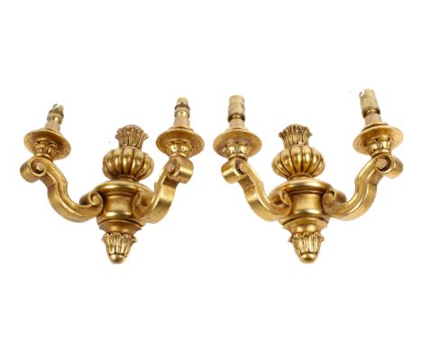 A pair of gilt wood wall sconces style light fittings. Two branch, fitted with electric lights, H24cm