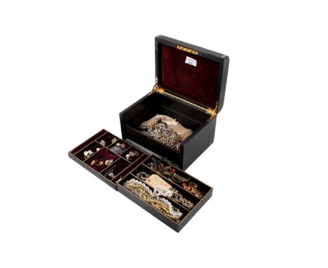 A Victorian jewellery box of costume and other jewellery. Including a pair of Chinese style filigree enamel clip earrings, a 