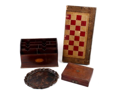 Four vintage wood and leather items. Including a mahogany letter stationery rack, a red leather covered box, backgammon board