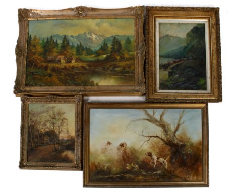 Four 19th century and later oil on canvases. Comprising a picture of cows crossing a bridge, unsigned, 59cm x 39cm, a rural c