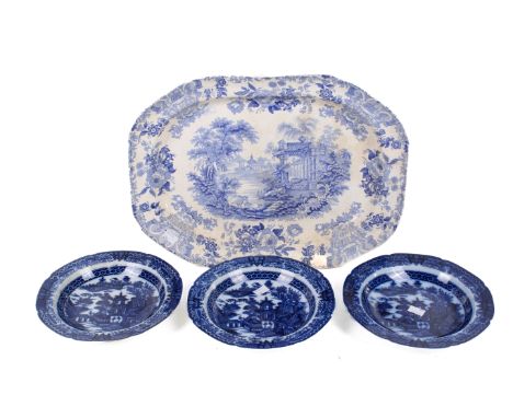 A group of four 19th century blue and white English ceramics. Including a Morea Stone meat plate (48cm x 36cm) and three flow