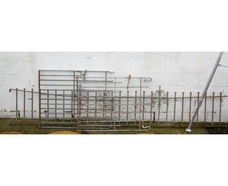 Two wrought iron gates and matching length of railing. Gates 91cm x 127cm & 84cm x 122cm railing 358cm x 66cm