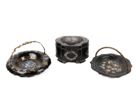 Three black lacquer and mother-of-pearl inlaid items. Including a tea caddy and two dishes. Max. H12cm
