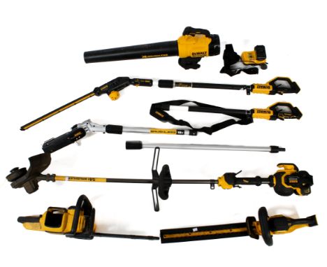 Selection of DeWalt cordless garden tools to include a charger and three batteries.  Condition Report: All functioning except