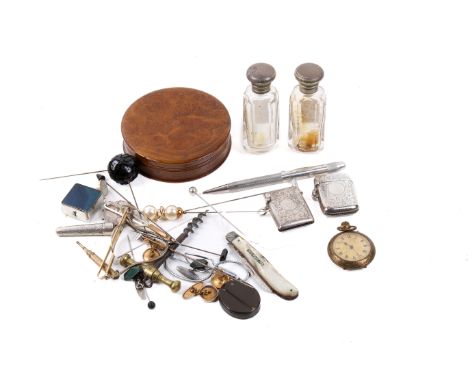 A collection of silver and white metal item collectables. Including two silver vesta cases, silver Longer Lead pencil, a moth