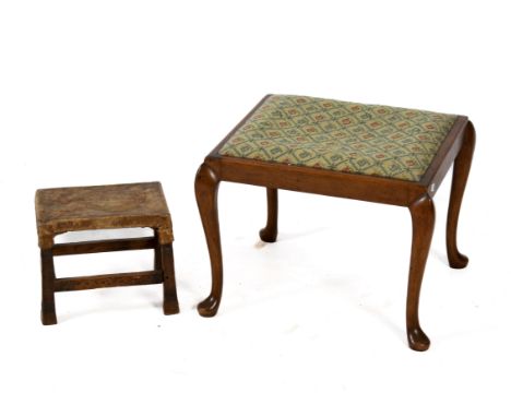 Two various stools. Consisting of a mahogany framed with drop in tapestry seat on cabriole supports and pad feet plus an Afri