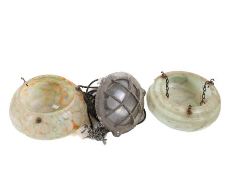 Two vintage deco glass plafonnier lamp shades plus another. Including an explosion proof hanging light. Max. diameter 28cm