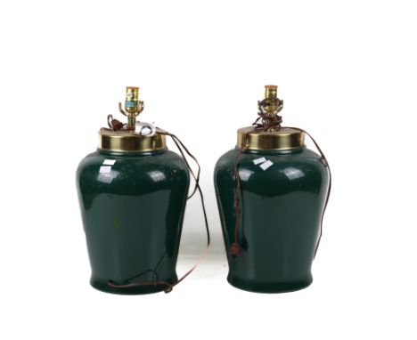 A pair of green glaze ceramic table lamps by the Cycle II Corps. H36cm