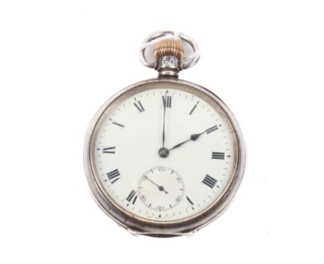 A silver cased pocket stopwatch. The white face with black Roman numerals and stopwatch secondary dial, the case with hallmar