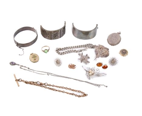 A small collection of silver and other jewellery. Including a silver chain bracelet, two broad silver bangles, white metal an