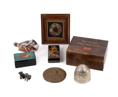 A group of assorted collectables. Including Russian troika lacquer boxes, a first aid kit and a round bronze plaque, etc. Max