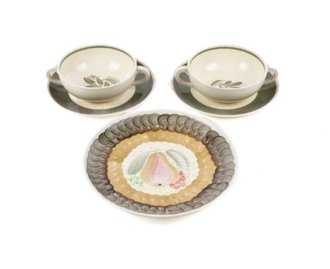 Three pieces of mid-century Susie Cooper ceramics. Comprising a pair of 'Ferndown' soup bowls with saucers and a plate