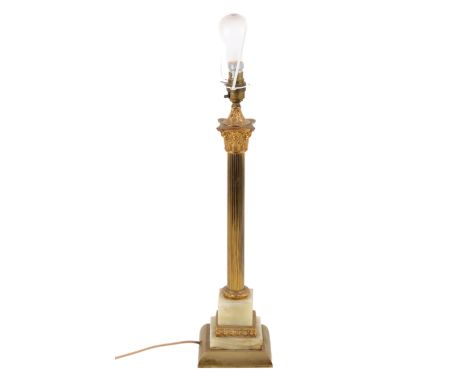 A mid-century gilt metal and green marble table lamp. Modelled as a Corinthian column. H45cm