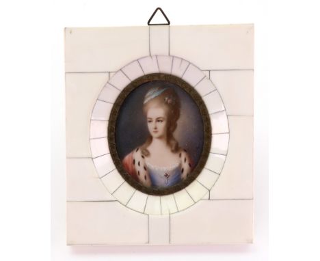 French School, circa 1900, A portrait miniature of a lady in 18th century costume, with an ermine robe, indistinctly signed (