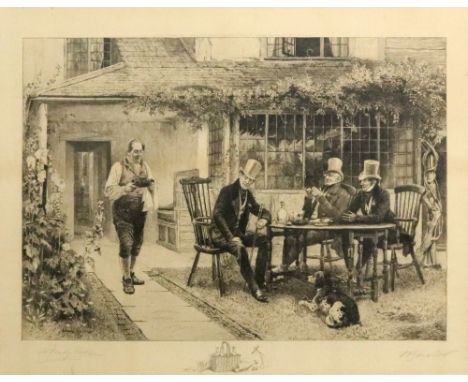 After W Dendy Sadler, Men sat around a table outside a house, and a companion, men conversing inside a house, each signed in 