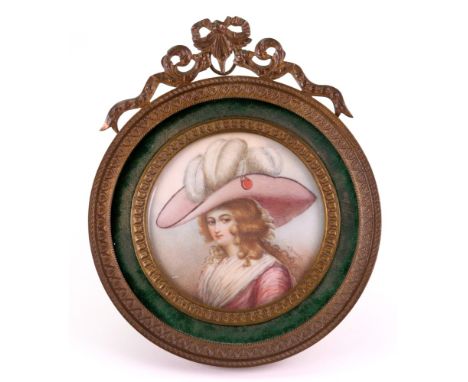 T Durai (French, late 19th/early 20th Century) A portrait miniature of a lady in pink, with white feather in her hat, signed 