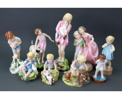 Nine Royal Worcester figures of children, modelled by Freda Doughty, comprising: 'Woodland Dance' (3076), 'Sister' (3149), 'Y