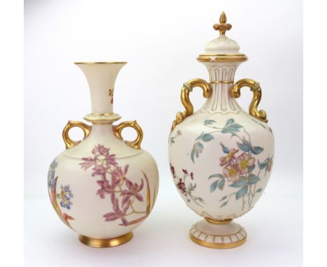 A Royal Worcester two handled vase, circa 1880, decorated with scattered flowers against an ivory ground, puce printed marks,