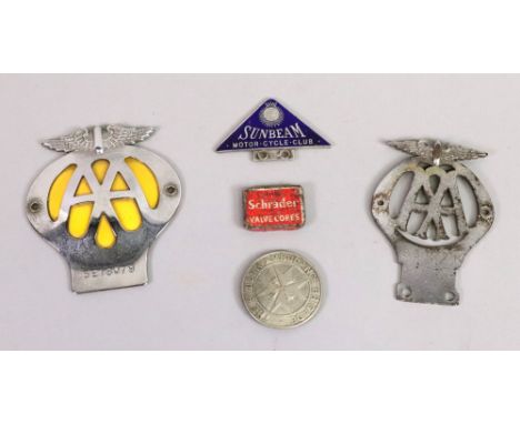 A Sunbeam Motor Cycle Club blue enamel and chrome badge, 7cm wide, two AA badges, St. John Ambulance Brigade badge, and a tin