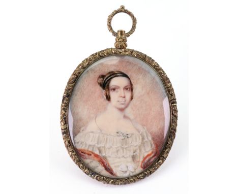English School, 19th Century, A portrait miniature of a lady in a white dress, watercolour heightened with white, 7cm x 5.2cm