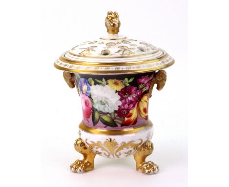 An English porcelain campana shape pot pourri jar and cover, circa 1820, painted with a frieze of flowers, set with gilt rams