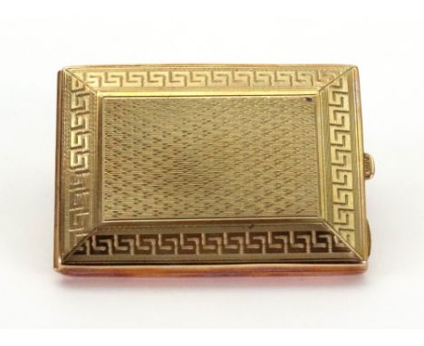 A 9ct gold rectangular engine turned book match case, Deakin & Francis, Birmingham 1923, with Greek key borders, 32g, 6 cm x 
