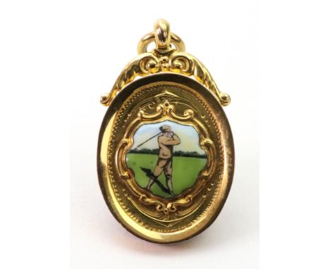 A 9ct gold and enamel oval golfing medal, Chester 1926, with leafy scroll mount and suspension ring, 4cm, 8.5g.