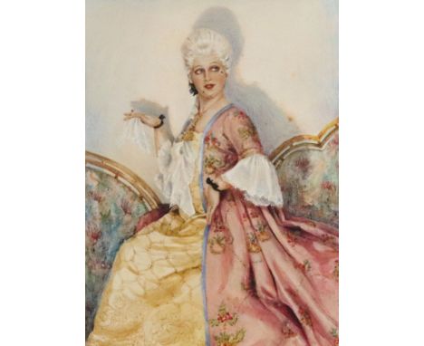 English School, 20th Century, A portrait of a lady in 18th century costume, watercolour heightened with white, 28cm x 20.5cm,