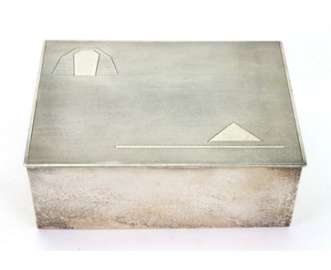 An Art Deco silver cigarette box, Plante & Bannister, London 1933, with solid hinged engine turned cover, 12.5 x 9cm.