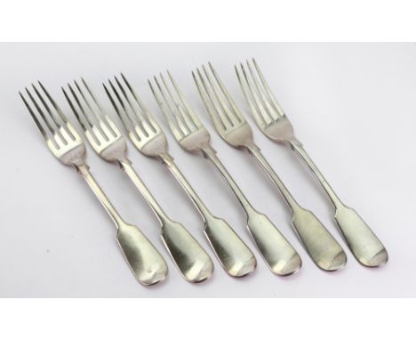 A set of six Victorian silver fiddle pattern table forks, John James Whiting, London 1848, 15ozs, crested.