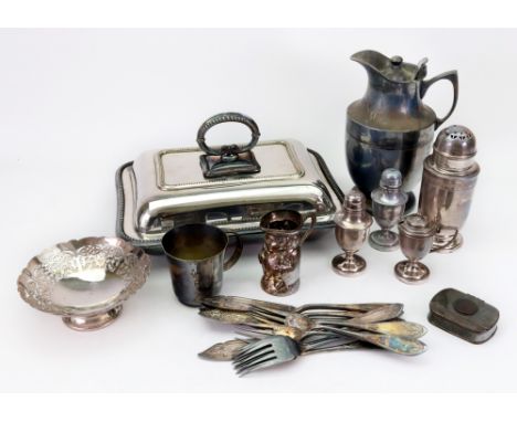 An Art Deco electroplate castor, cruet set and bon bon dish, Mappin & Webb, Thermos jug, rectangular entree dish, six pairs o