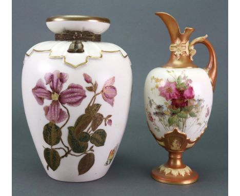 A Royal Worcester vase, circa 1885, of ovoid form, the short neck tied with a rope of tassels, the body painted with flowers 