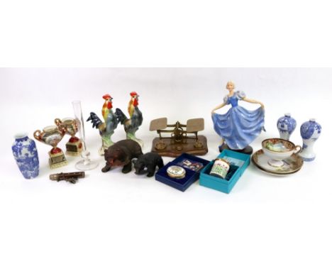 Two Halcyon Days enamel boxes, boxed, carved bone needle case, 19th century, set of brass letter scales and weights, two carv