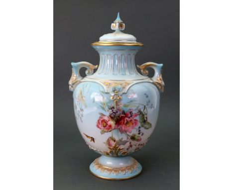 A Royal Worcester 'Shot Enamels' two handled vase and cover, circa 1894, the bulbous body decorated with flowers and an insec