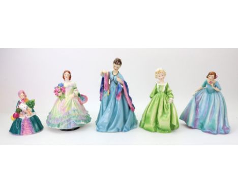 Five Royal Worcester figures, circa 1933 and later, comprising: Duchess Dress' shape 3106, The Seamstress' shape 3569, and 'G