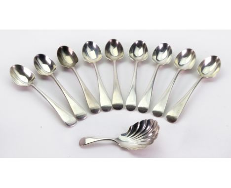 A set of nine Edwardian silver Old English pattern egg spoons, Jackson & Fullerton, London 1907 and a Victorian Old English p