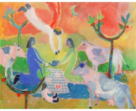 Janet Lynch (British, 20th Century), After Chagall, Cows and figures having a picnic, oil on card, 40 x 50cm, together with a